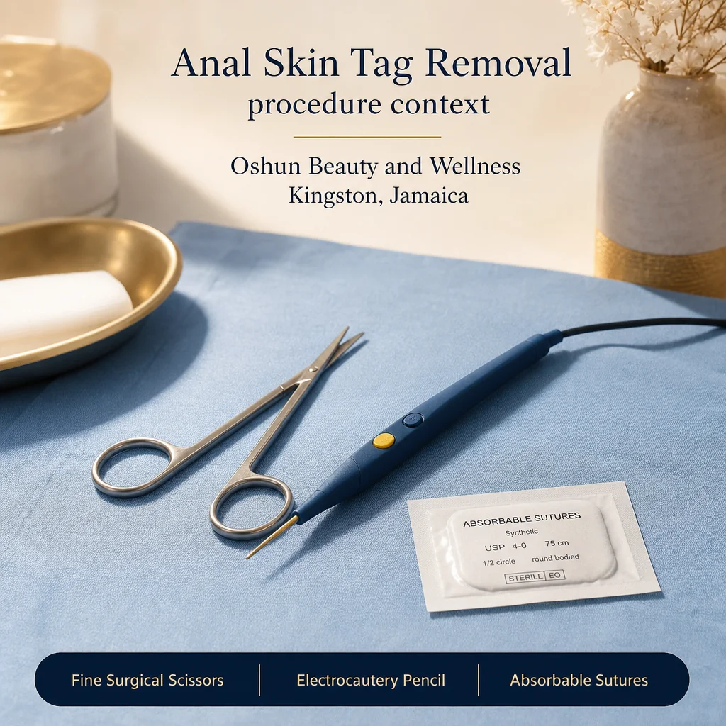 Reference materials and a Anal Skin Tag Removal care plan in a leather portfolio at the Oshun clinic in Kingston, Jamaica