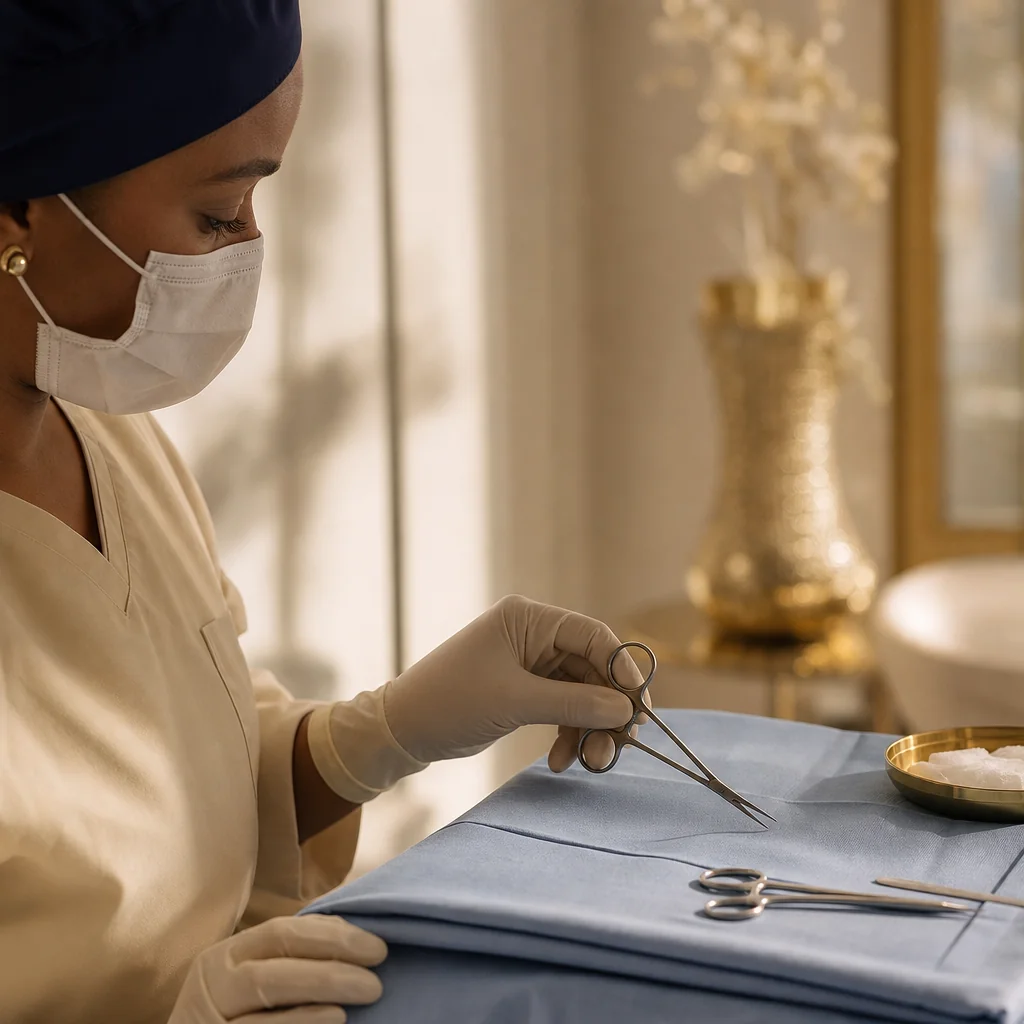 Physician's gloved hands during a Anal Skin Tag Removal appointment at the Oshun clinic in Kingston, Jamaica