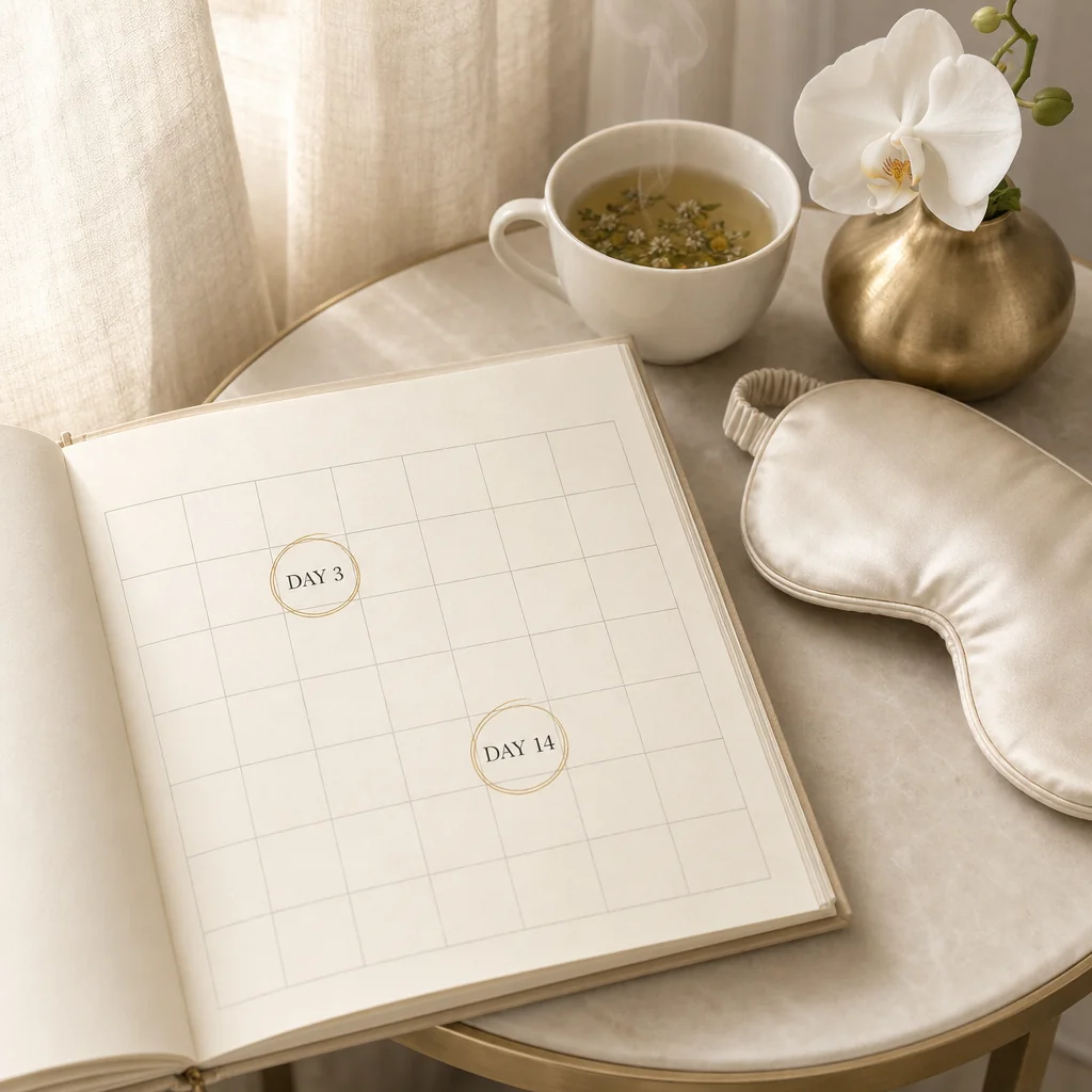 A leather-bound planner open on a cream desk with day 3 and day 14 circled in gold ink, beside a porcelain cup of herbal tea and a single white orchid