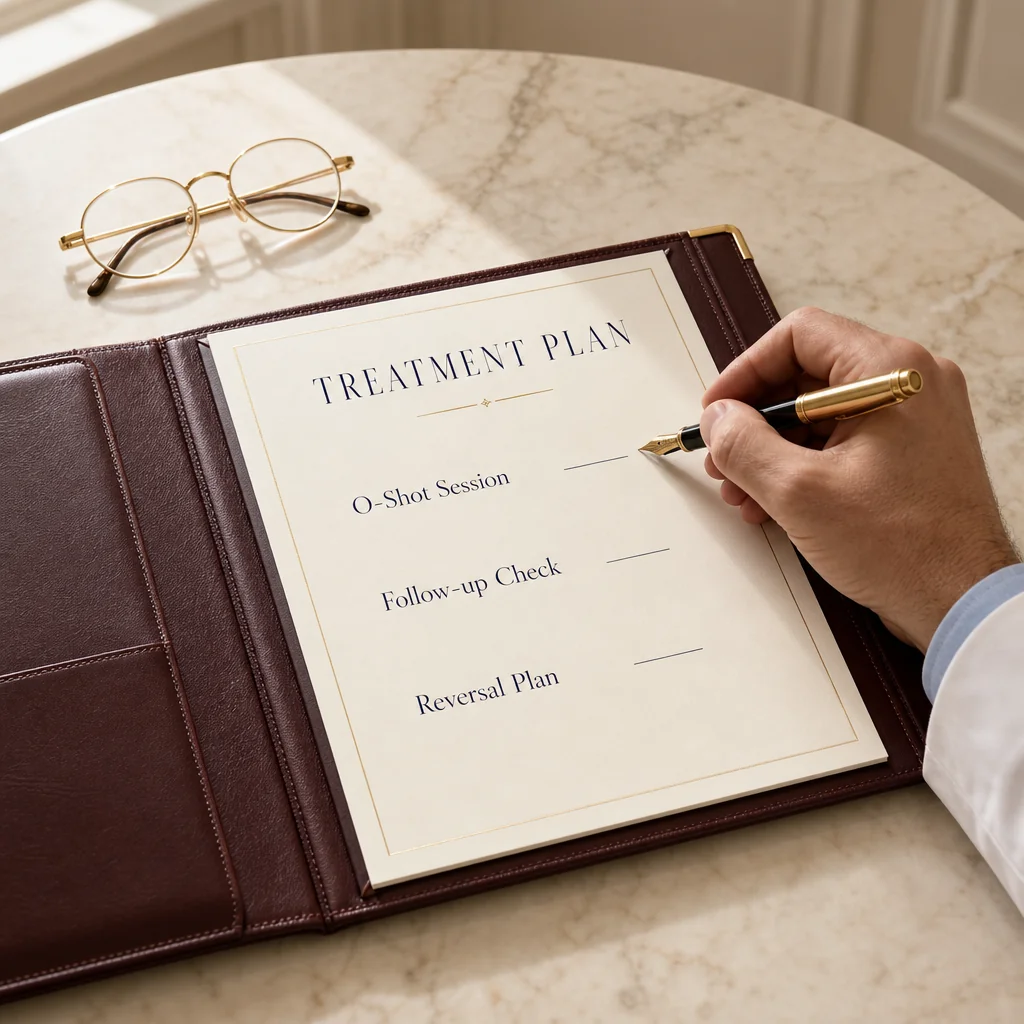 A physician's hand writing a Clit-Shot treatment plan on a leather portfolio with sections for the session, follow-up check, and reversal plan