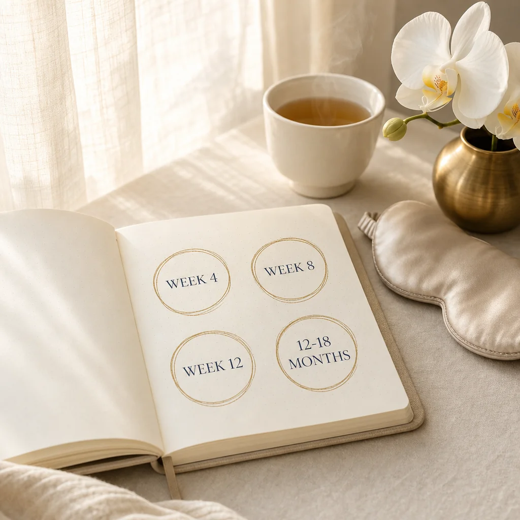 A planner with Week 4, Week 8, Week 12, and 12-18 Months circled in gold ink, beside herbal tea and a white orchid — the Clit-Shot build-up timeline
