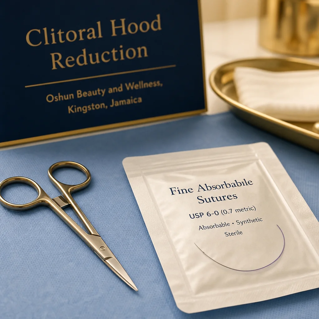Reference materials and a Clitoral Hood Reduction care plan in a leather portfolio at the Oshun clinic in Kingston, Jamaica