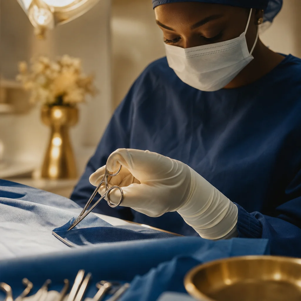 Physician's gloved hands during a Clitoral Hood Reduction appointment at the Oshun clinic in Kingston, Jamaica