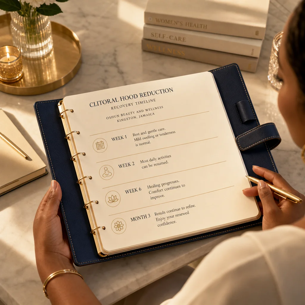 A leather-bound planner tracking the Clitoral Hood Reduction recovery and follow-up schedule at Oshun in Kingston, Jamaica