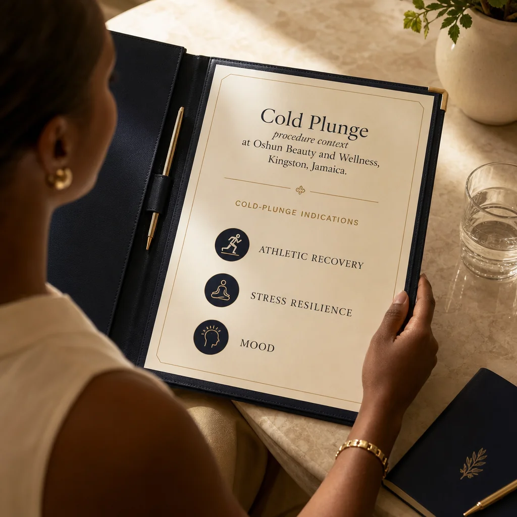 A Cold Plunge treatment plan written by hand on a leather portfolio at the Oshun clinic in Kingston, Jamaica