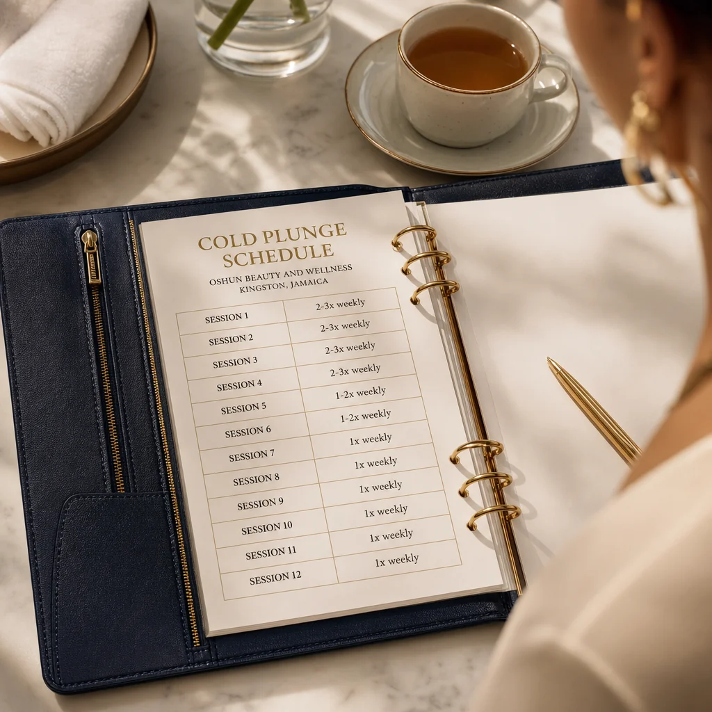A leather-bound planner tracking the Cold Plunge recovery and follow-up schedule at Oshun in Kingston, Jamaica