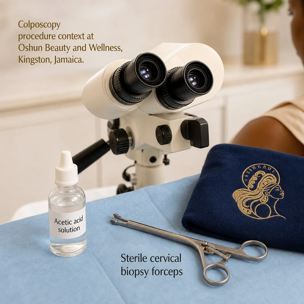 Reference materials and a Colposcopy care plan in a leather portfolio at the Oshun clinic in Kingston, Jamaica
