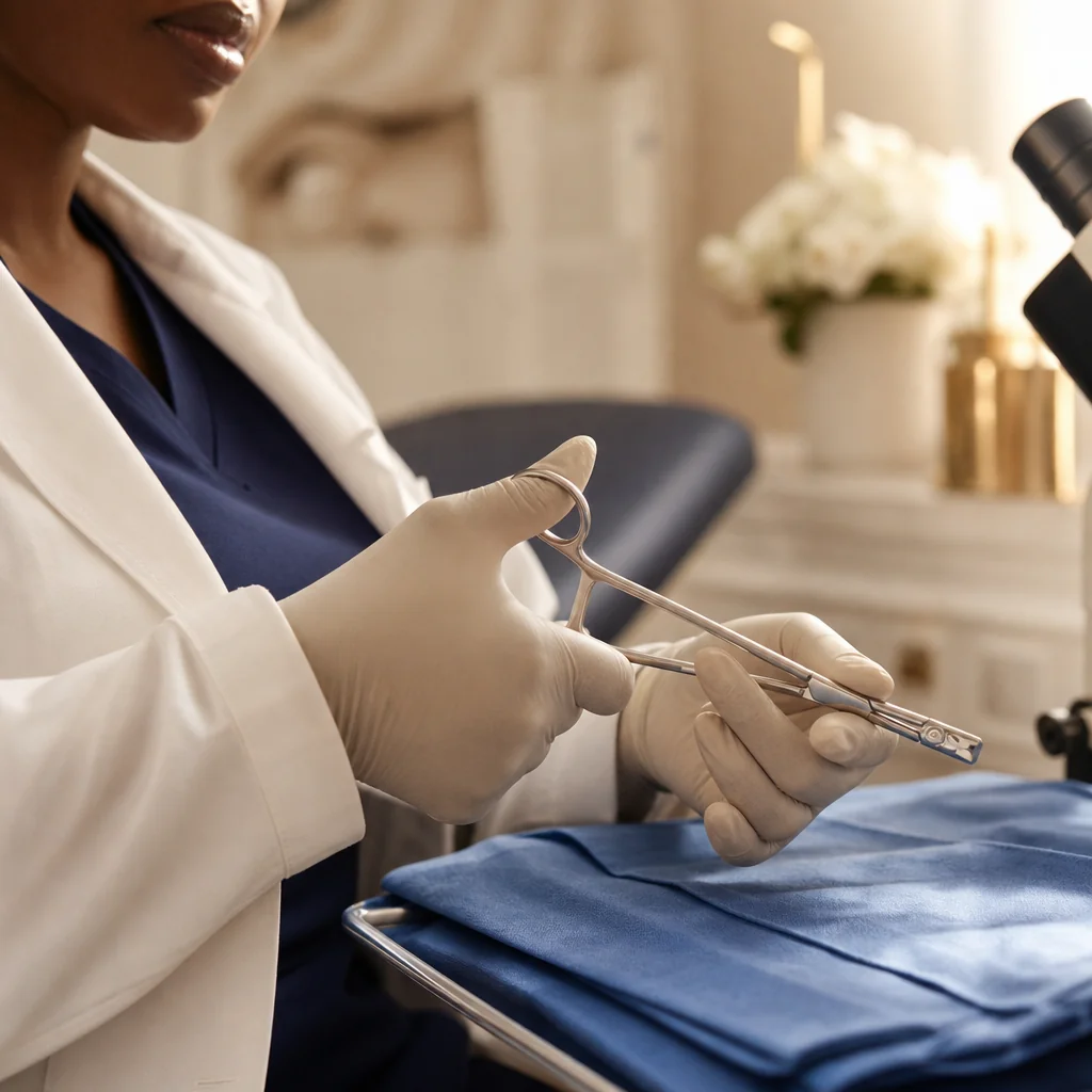 Physician's gloved hands during a Colposcopy appointment at the Oshun clinic in Kingston, Jamaica