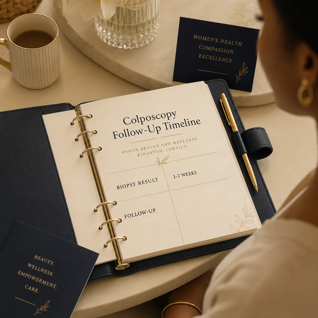 A leather-bound planner tracking the Colposcopy recovery and follow-up schedule at Oshun in Kingston, Jamaica