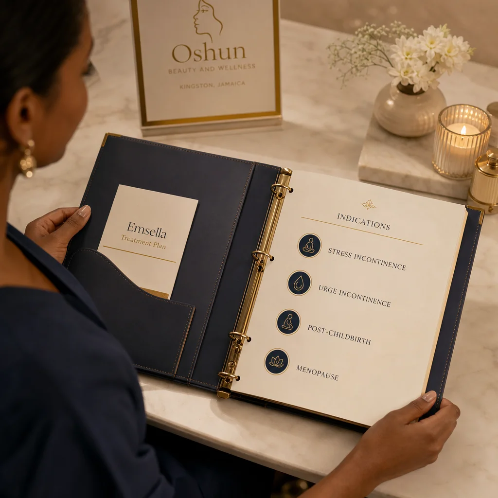 A Emsella treatment plan written by hand on a leather portfolio at the Oshun clinic in Kingston, Jamaica
