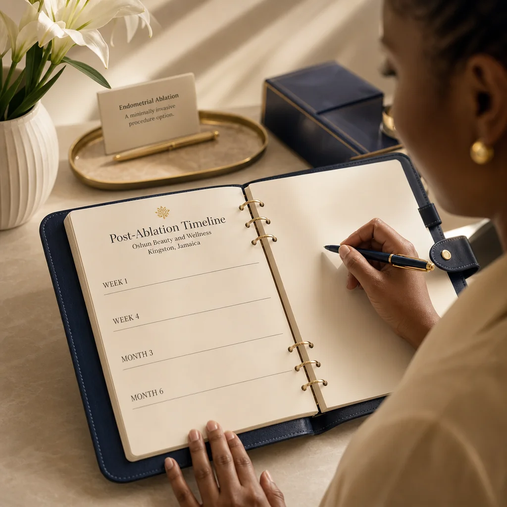 A leather-bound planner tracking the Endometrial Ablation recovery and follow-up schedule at Oshun in Kingston, Jamaica
