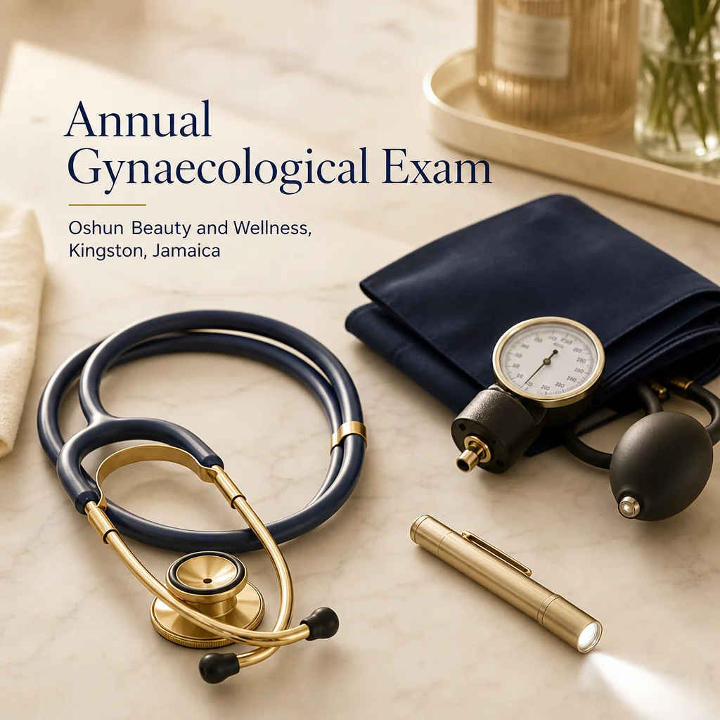 Reference materials and a Annual Gynaecological Exam care plan in a leather portfolio at the Oshun clinic in Kingston, Jamaica