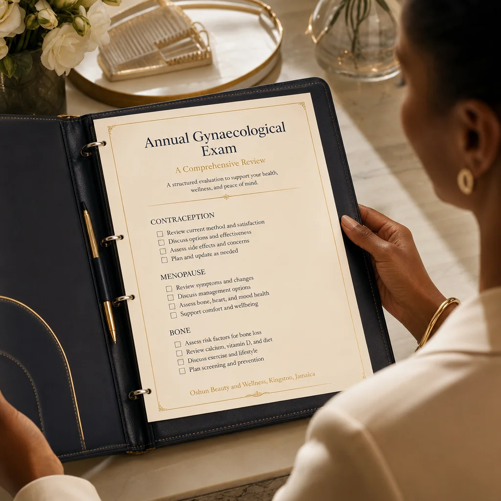 A Annual Gynaecological Exam treatment plan written by hand on a leather portfolio at the Oshun clinic in Kingston, Jamaica
