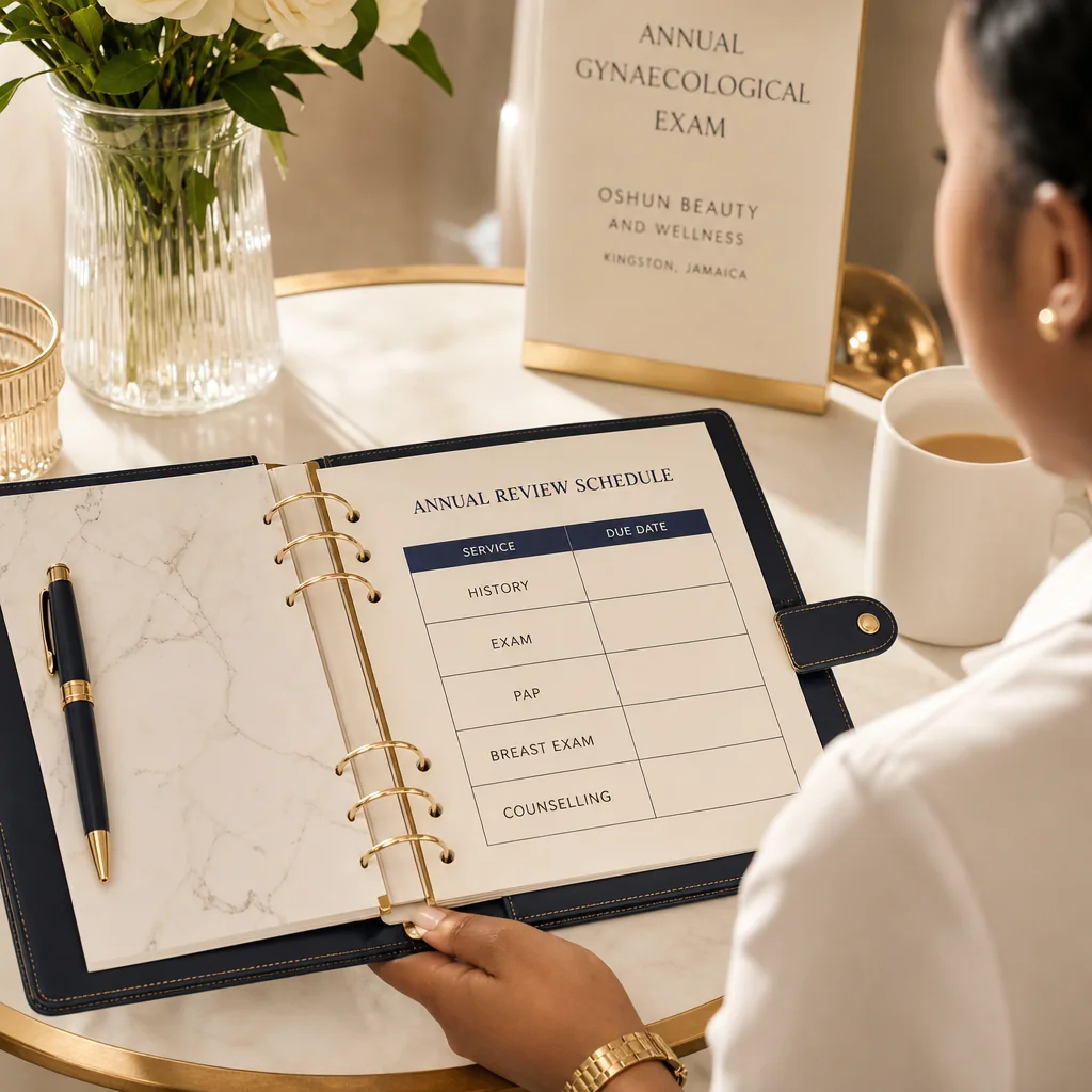A leather-bound planner tracking the Annual Gynaecological Exam recovery and follow-up schedule at Oshun in Kingston, Jamaica