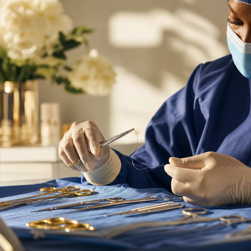 Physician's gloved hands during a Major Gynaecological Surgery appointment at the Oshun clinic in Kingston, Jamaica
