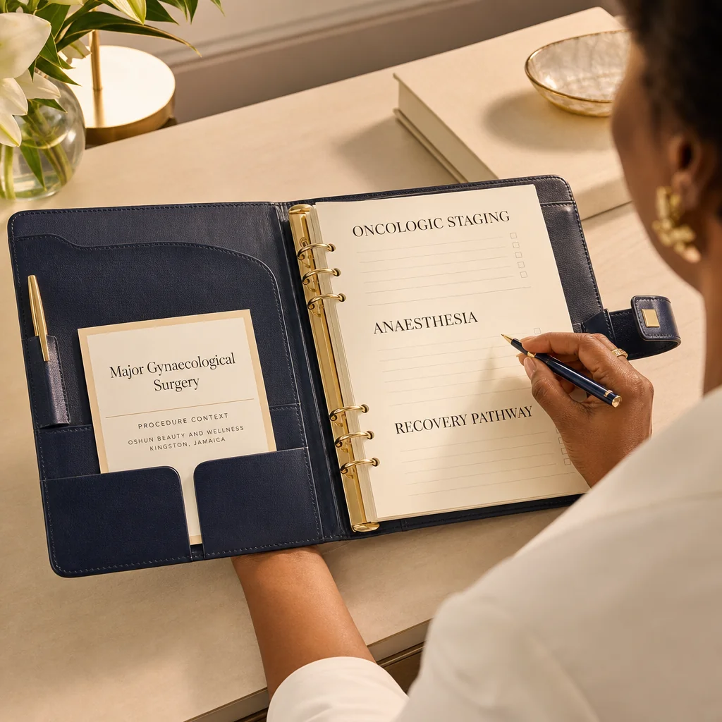 A Major Gynaecological Surgery treatment plan written by hand on a leather portfolio at the Oshun clinic in Kingston, Jamaica
