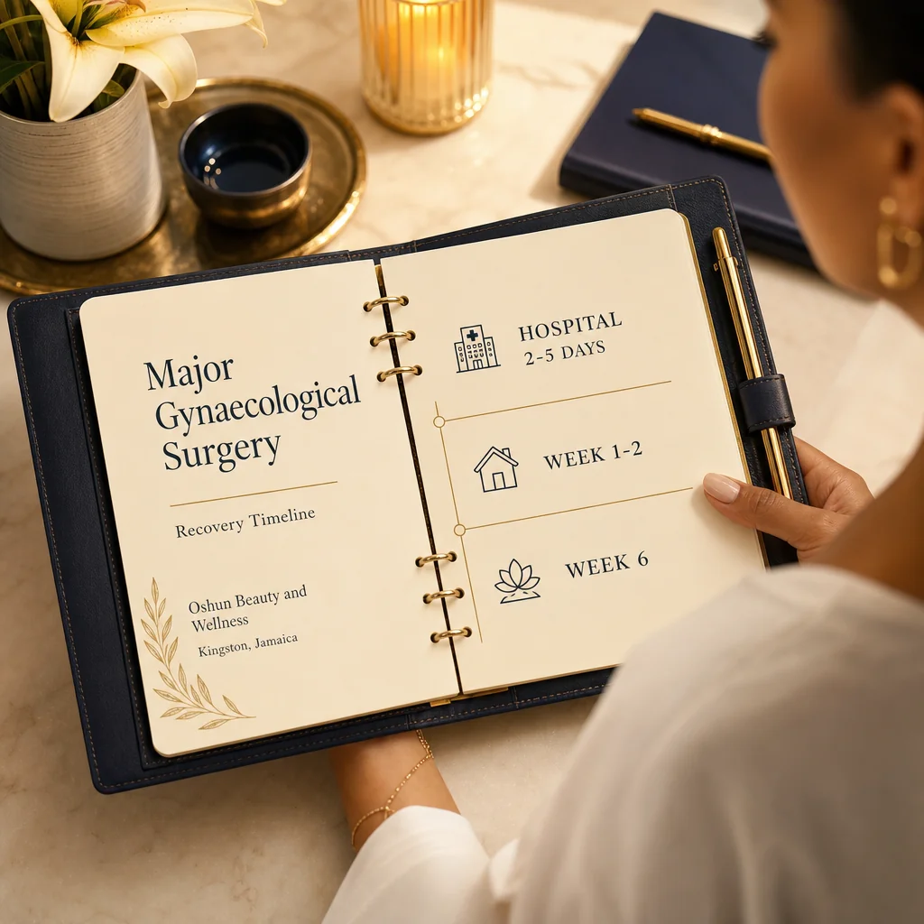 A leather-bound planner tracking the Major Gynaecological Surgery recovery and follow-up schedule at Oshun in Kingston, Jamaica