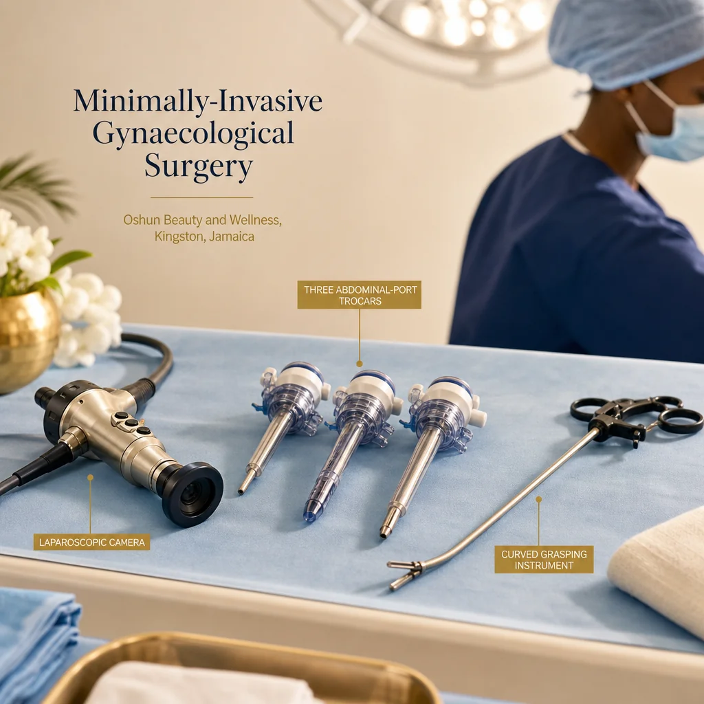 Reference materials and a Minimally-Invasive Gynaecological Surgery care plan in a leather portfolio at the Oshun clinic in Kingston, Jamaica