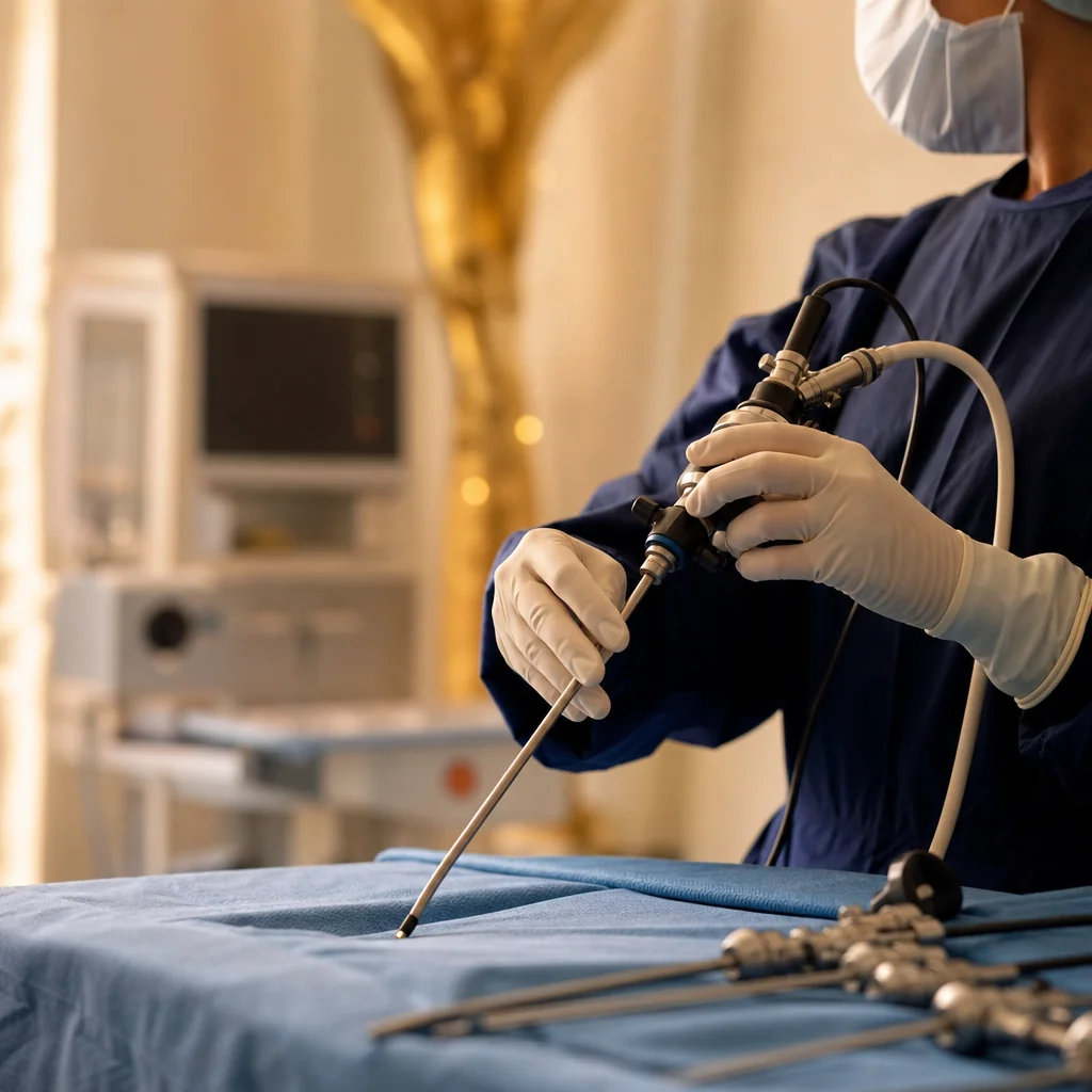Physician's gloved hands during a Minimally-Invasive Gynaecological Surgery appointment at the Oshun clinic in Kingston, Jamaica