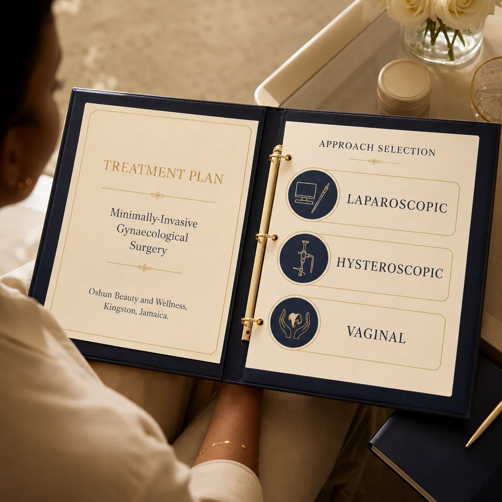 A Minimally-Invasive Gynaecological Surgery treatment plan written by hand on a leather portfolio at the Oshun clinic in Kingston, Jamaica