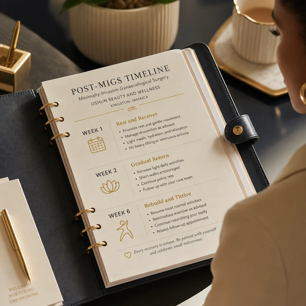 A leather-bound planner tracking the Minimally-Invasive Gynaecological Surgery recovery and follow-up schedule at Oshun in Kingston, Jamaica