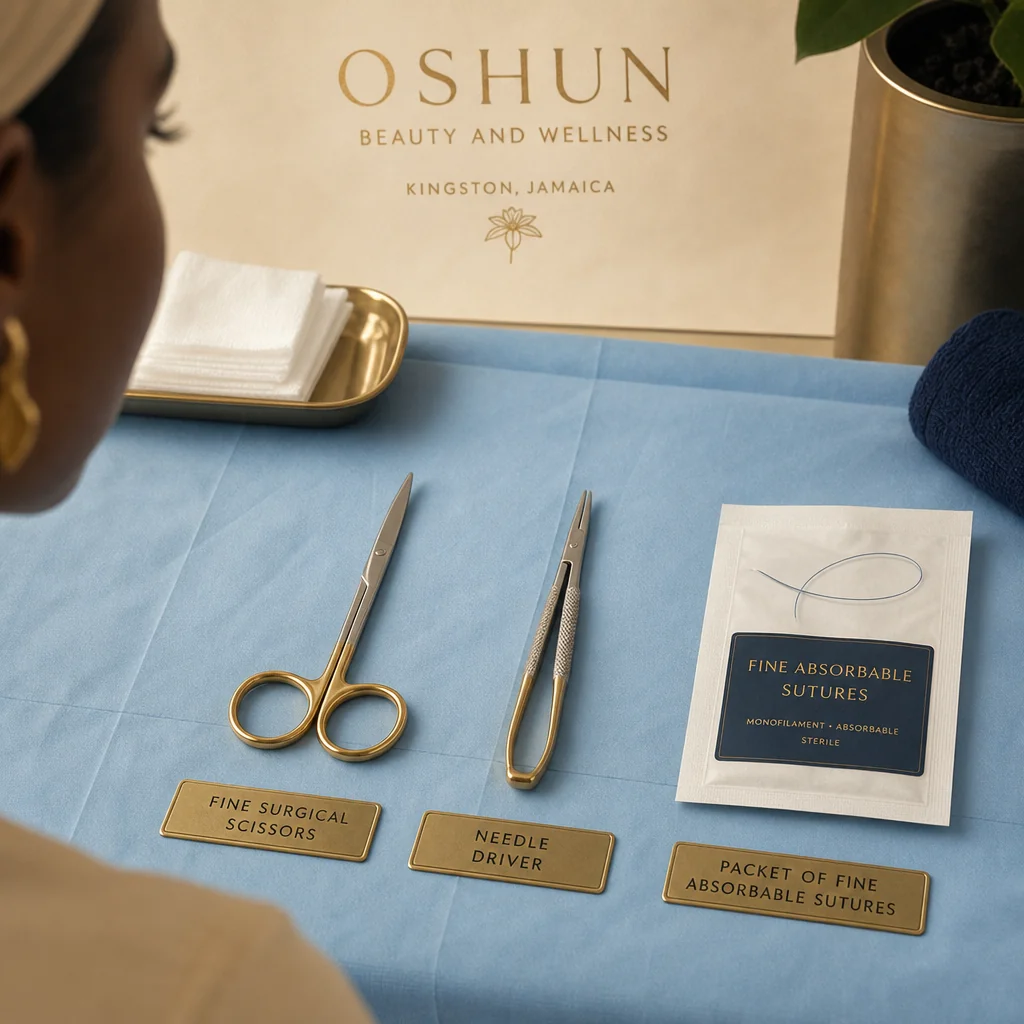 Reference materials and a Hymenoplasty care plan in a leather portfolio at the Oshun clinic in Kingston, Jamaica
