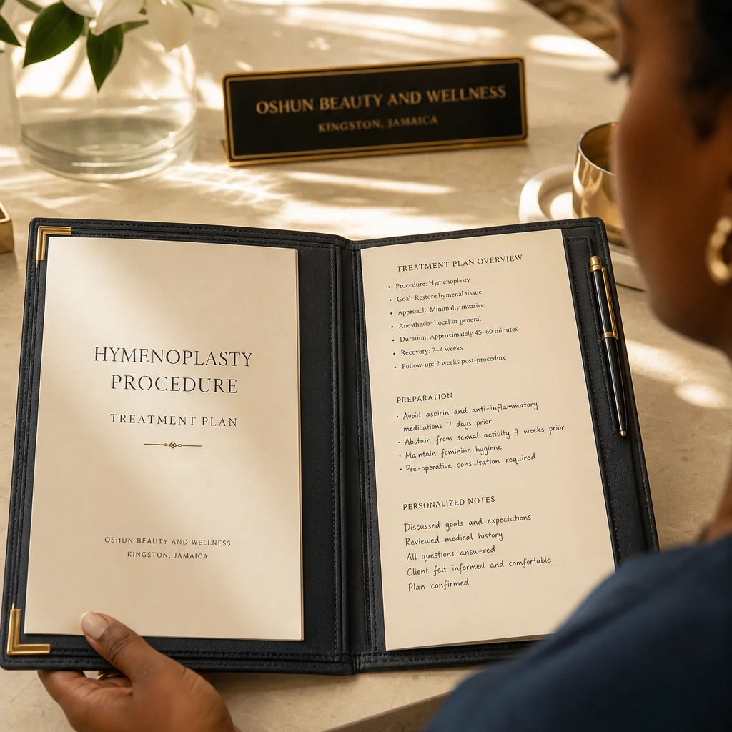 A Hymenoplasty treatment plan written by hand on a leather portfolio at the Oshun clinic in Kingston, Jamaica
