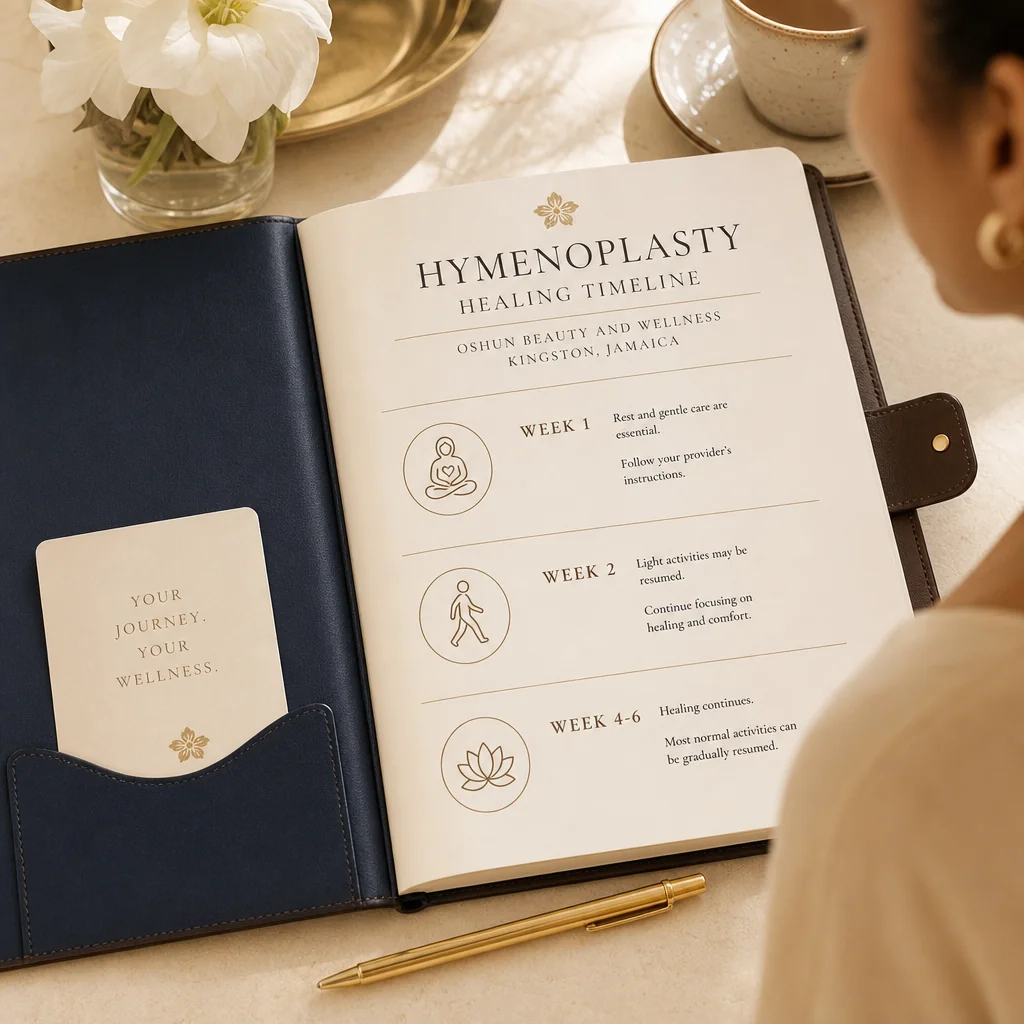 A leather-bound planner tracking the Hymenoplasty recovery and follow-up schedule at Oshun in Kingston, Jamaica