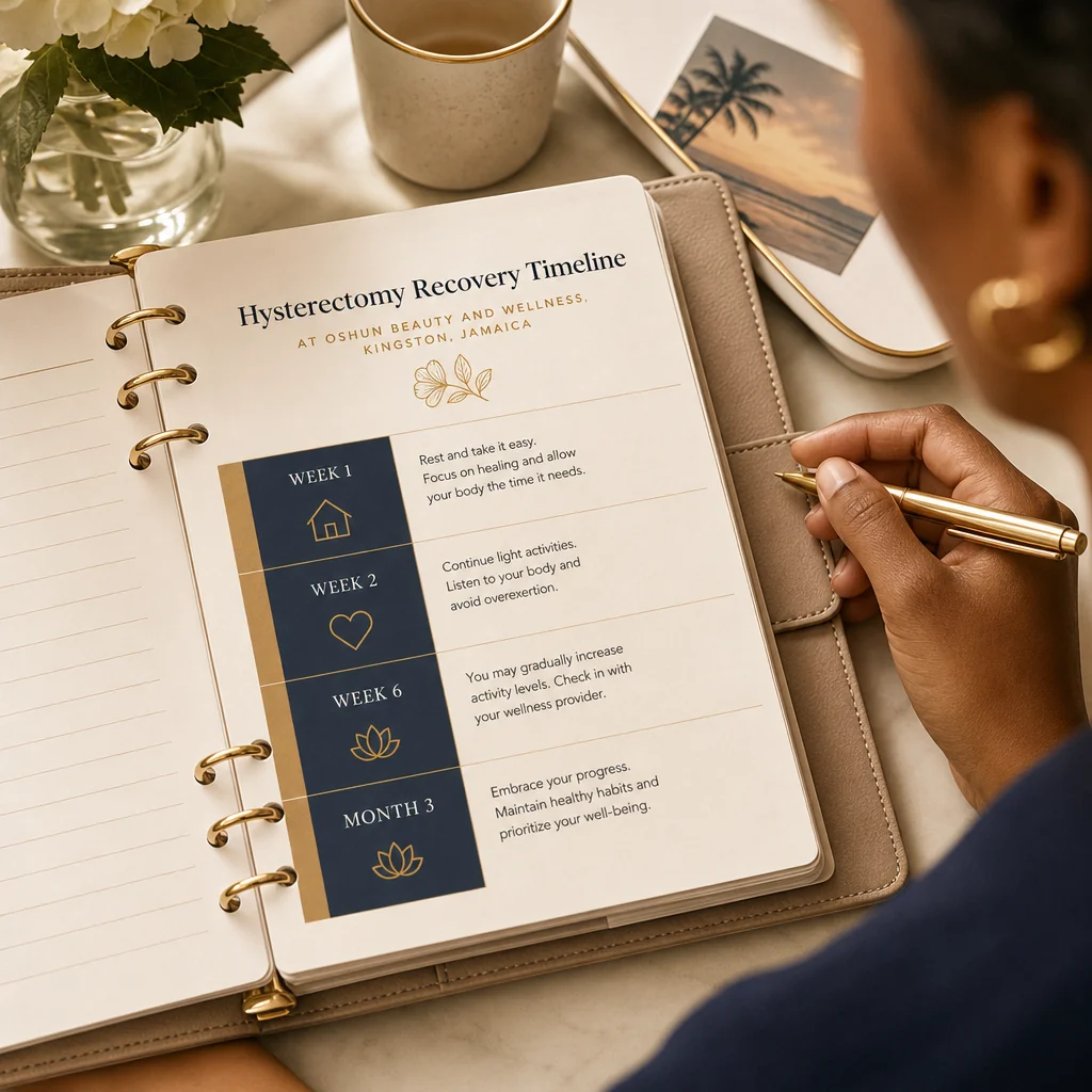 A leather-bound planner tracking the Hysterectomy recovery and follow-up schedule at Oshun in Kingston, Jamaica