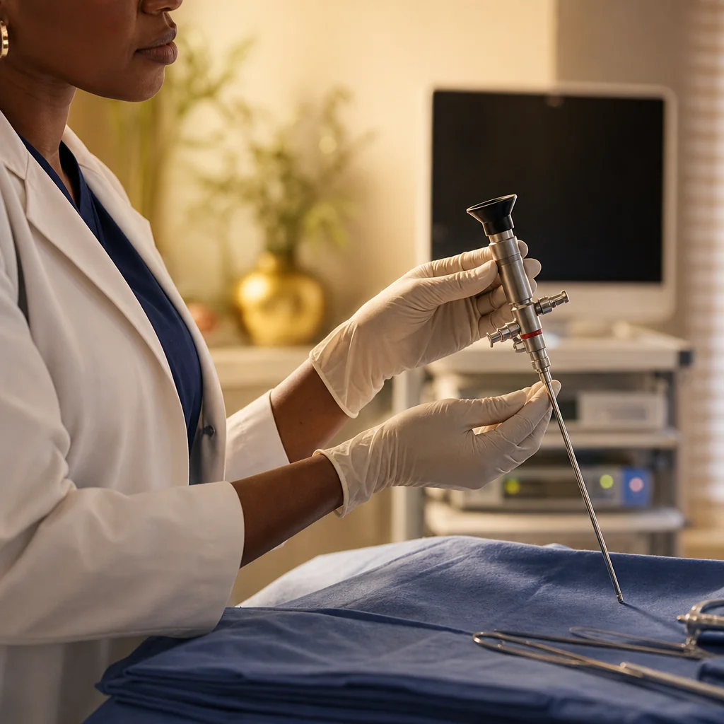Physician's gloved hands during a Hysteroscopy appointment at the Oshun clinic in Kingston, Jamaica