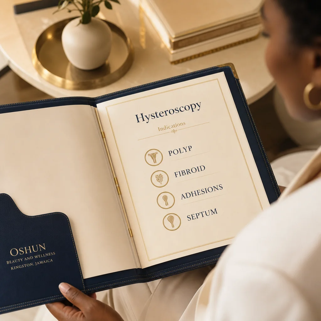A Hysteroscopy treatment plan written by hand on a leather portfolio at the Oshun clinic in Kingston, Jamaica