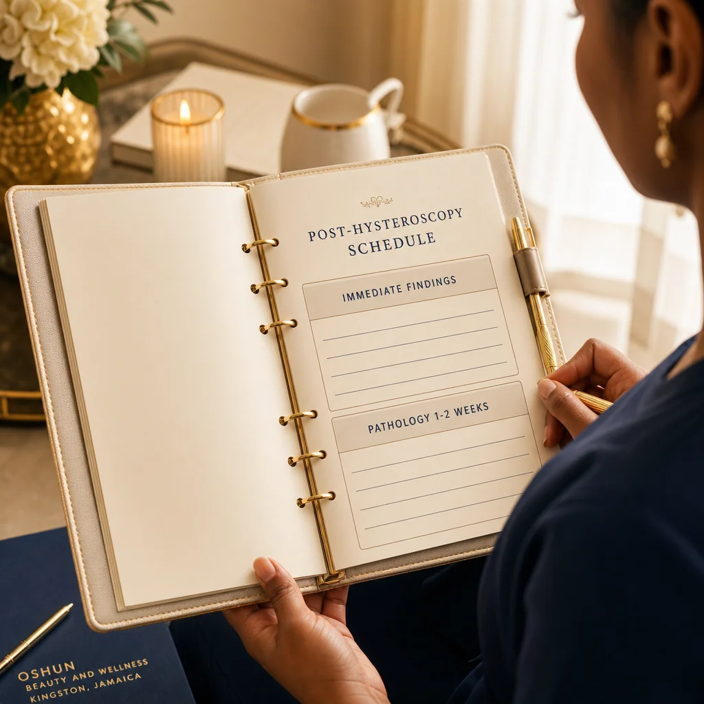 A leather-bound planner tracking the Hysteroscopy recovery and follow-up schedule at Oshun in Kingston, Jamaica