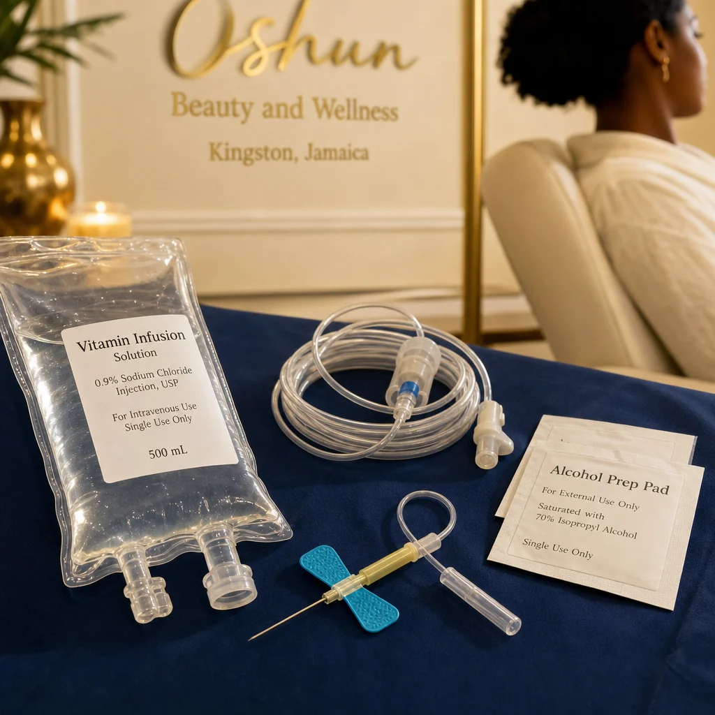 Reference materials and a IV Therapy care plan in a leather portfolio at the Oshun clinic in Kingston, Jamaica