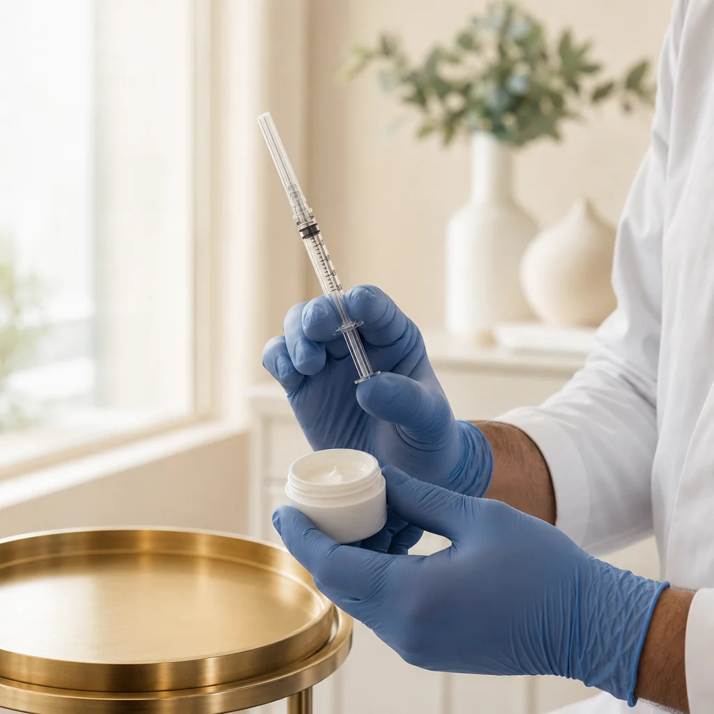 Physician's gloved hands holding a fine Juvederm dermal-filler syringe and a small jar of topical numbing cream at the Oshun clinic in Kingston, Jamaica