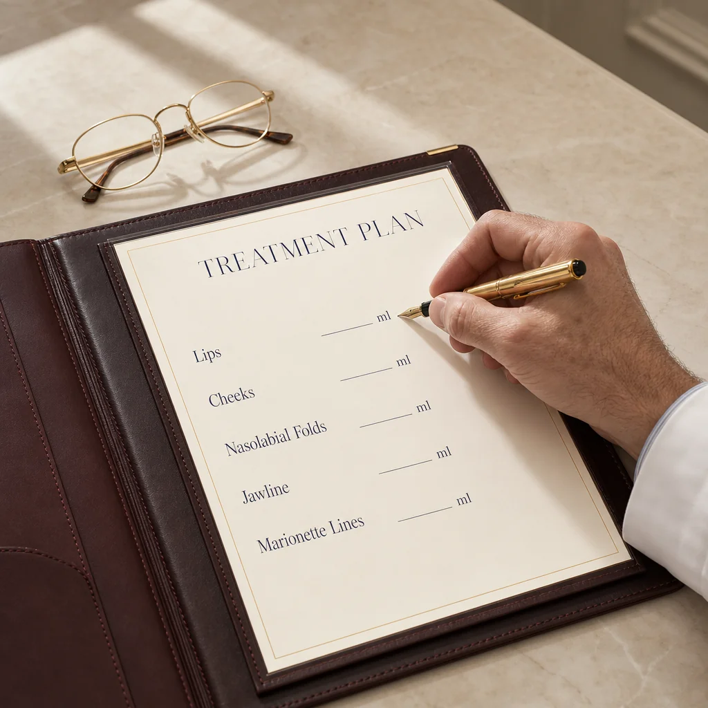 Physician's hand writing a Juvederm Treatment Plan with per-area ml fields (Lips, Cheeks, Nasolabial Folds, Jawline, Marionette Lines) on a leather portfolio