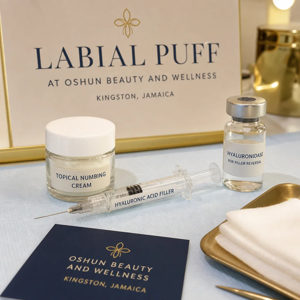 Reference materials and a Labial Puff care plan in a leather portfolio at the Oshun clinic in Kingston, Jamaica