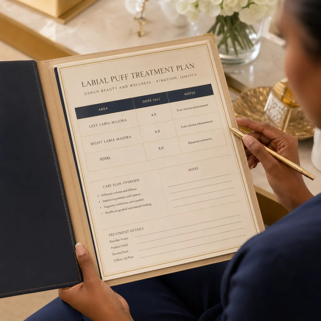 A Labial Puff treatment plan written by hand on a leather portfolio at the Oshun clinic in Kingston, Jamaica