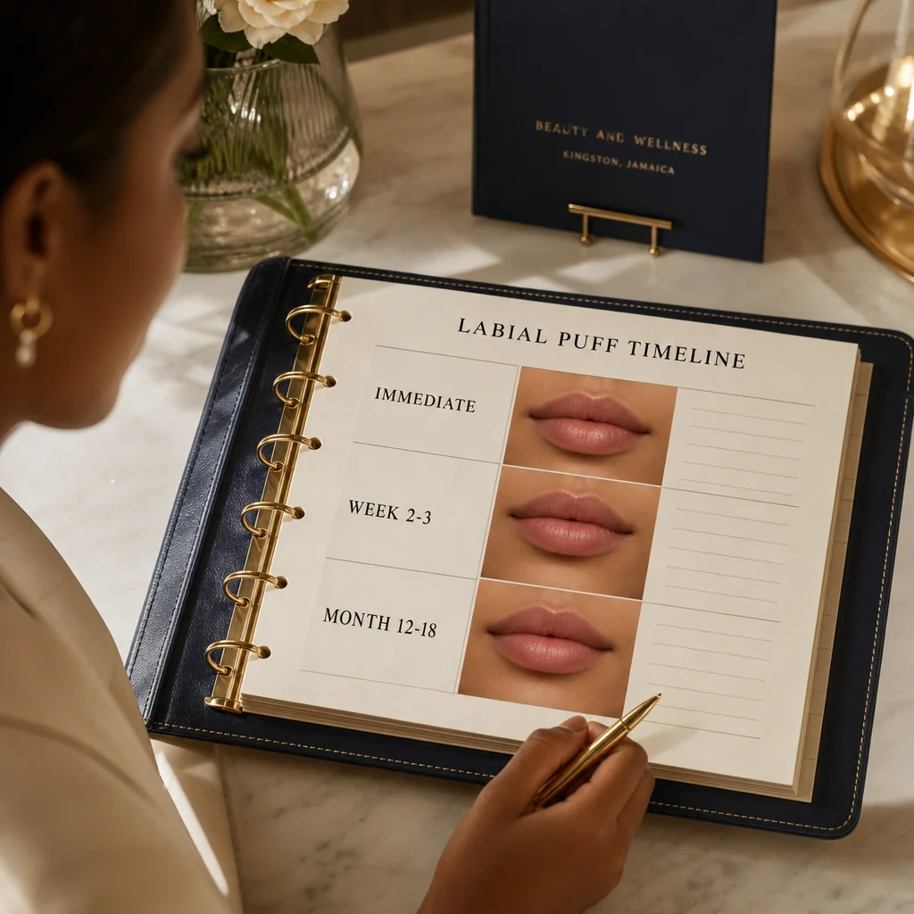 A leather-bound planner tracking the Labial Puff recovery and follow-up schedule at Oshun in Kingston, Jamaica