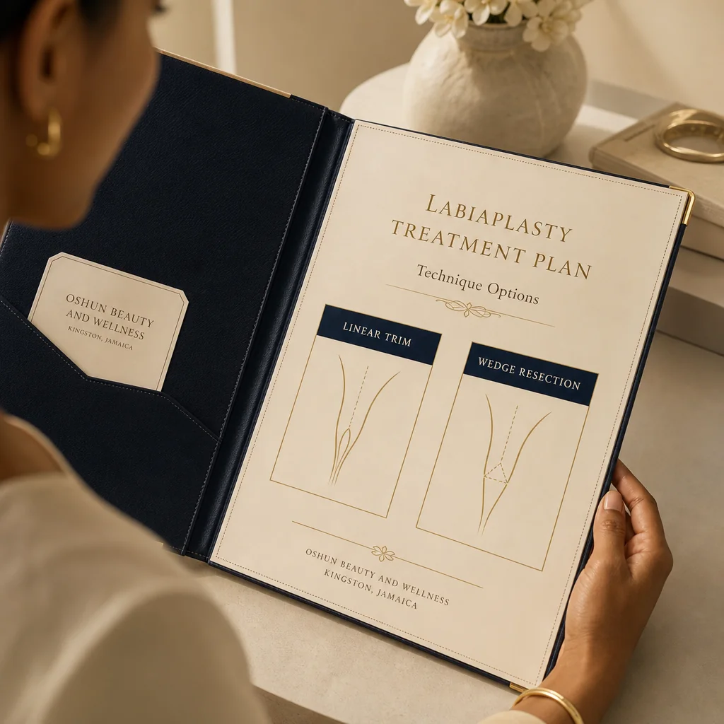 A Labiaplasty treatment plan written by hand on a leather portfolio at the Oshun clinic in Kingston, Jamaica