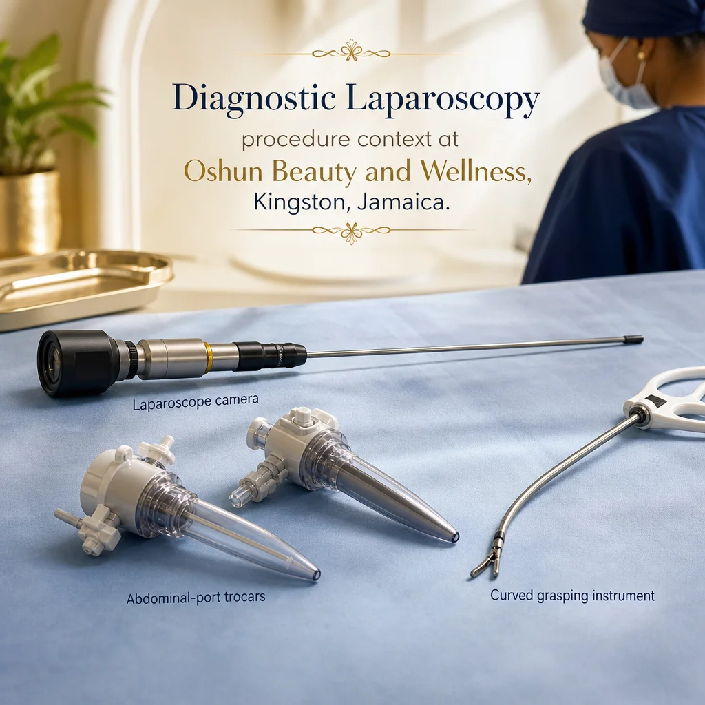 Reference materials and a Diagnostic Laparoscopy care plan in a leather portfolio at the Oshun clinic in Kingston, Jamaica