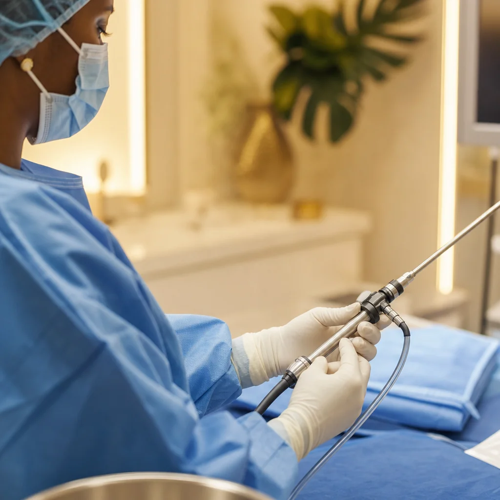 Physician's gloved hands during a Diagnostic Laparoscopy appointment at the Oshun clinic in Kingston, Jamaica
