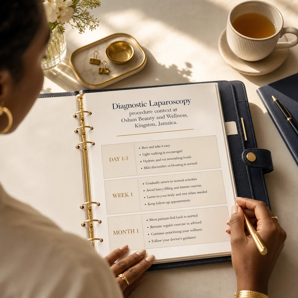 A leather-bound planner tracking the Diagnostic Laparoscopy recovery and follow-up schedule at Oshun in Kingston, Jamaica
