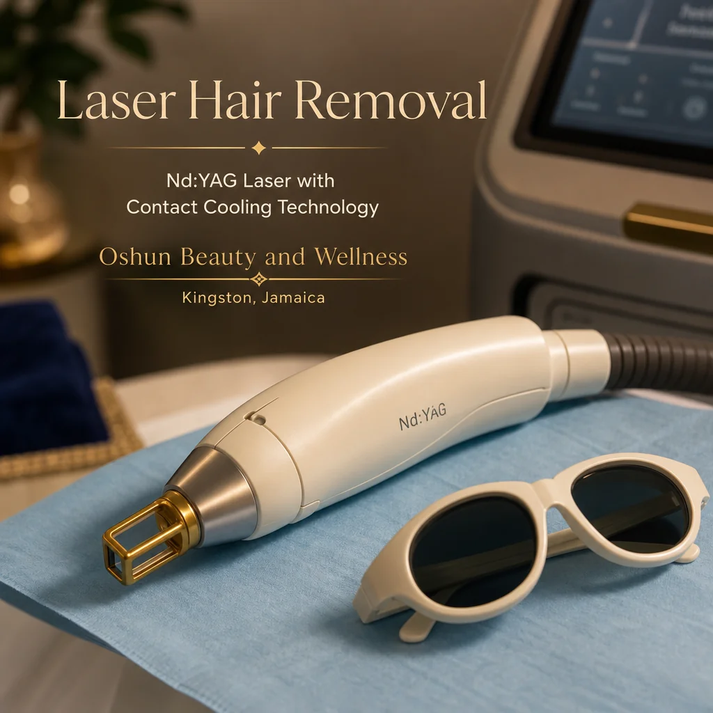 Reference materials and a Laser Hair Removal care plan in a leather portfolio at the Oshun clinic in Kingston, Jamaica