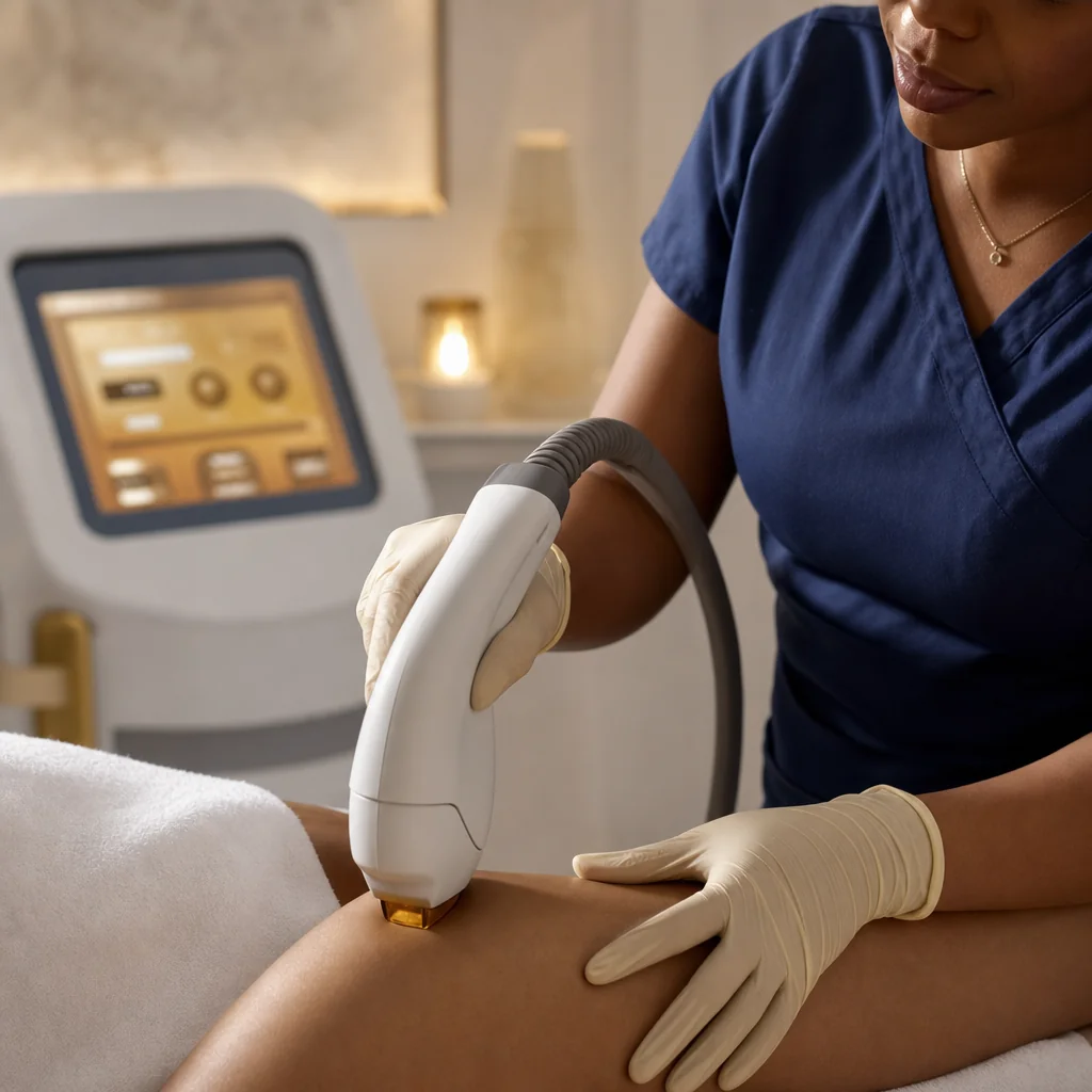 Physician's gloved hands during a Laser Hair Removal appointment at the Oshun clinic in Kingston, Jamaica