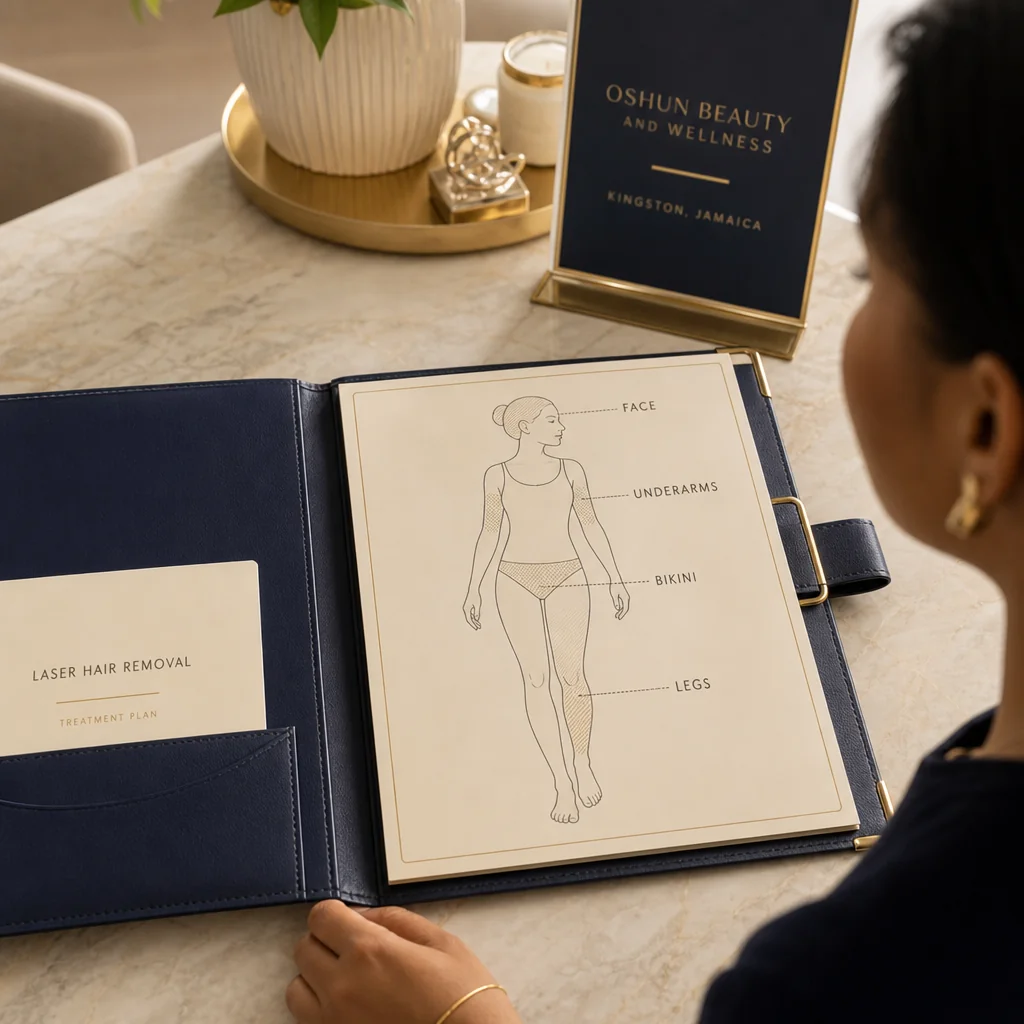A Laser Hair Removal treatment plan written by hand on a leather portfolio at the Oshun clinic in Kingston, Jamaica