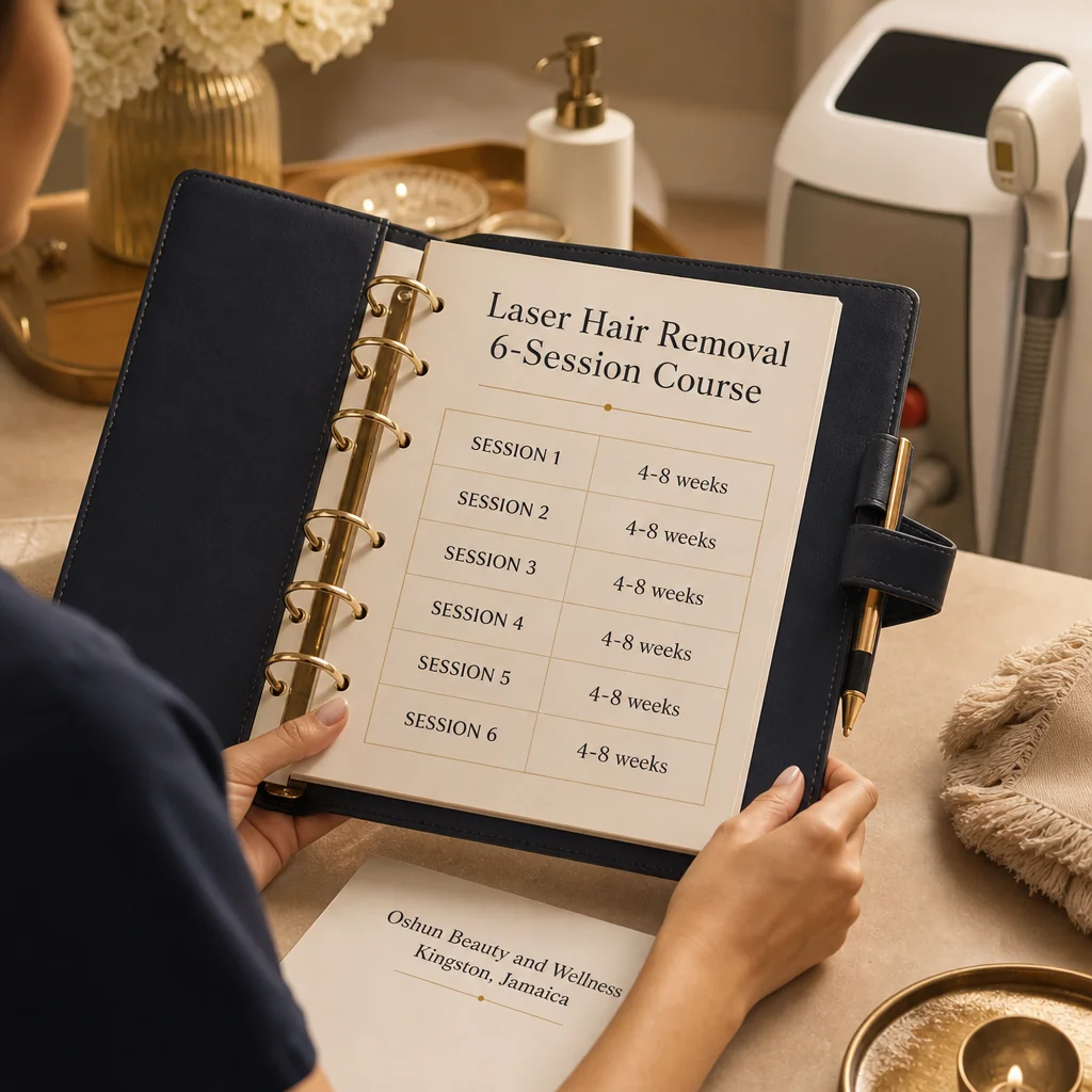 A leather-bound planner tracking the Laser Hair Removal recovery and follow-up schedule at Oshun in Kingston, Jamaica