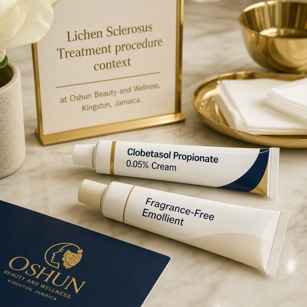 Reference materials and a Lichen Sclerosus Treatment care plan in a leather portfolio at the Oshun clinic in Kingston, Jamaica
