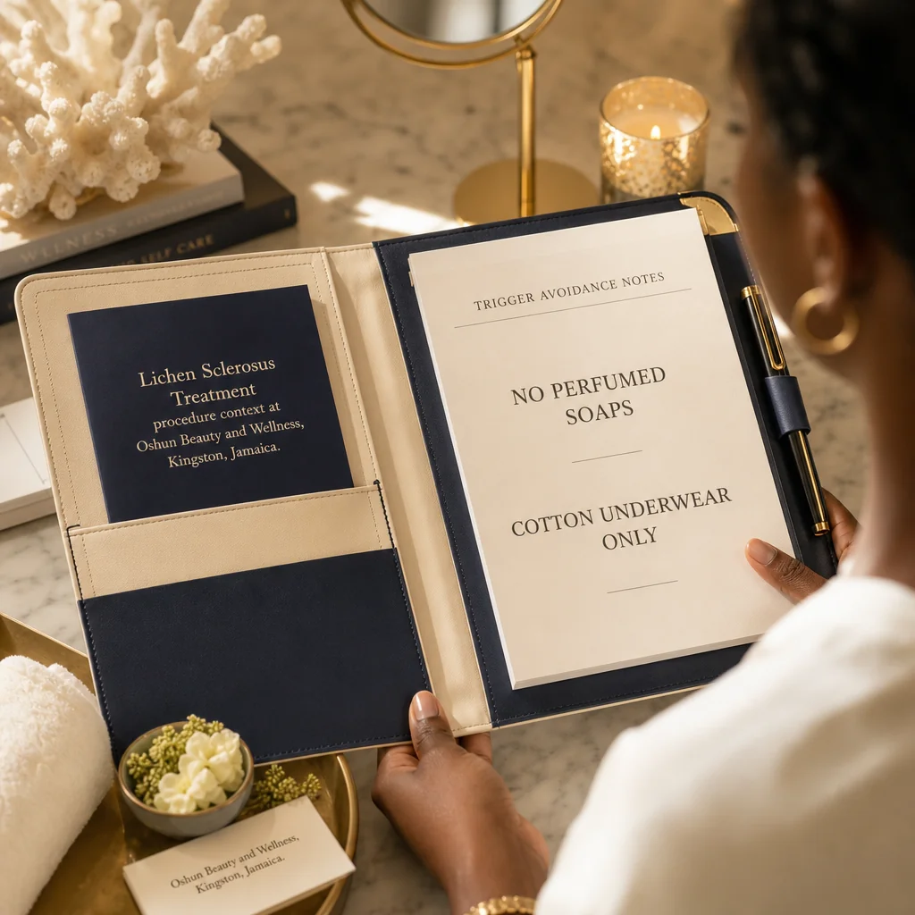 A Lichen Sclerosus Treatment treatment plan written by hand on a leather portfolio at the Oshun clinic in Kingston, Jamaica