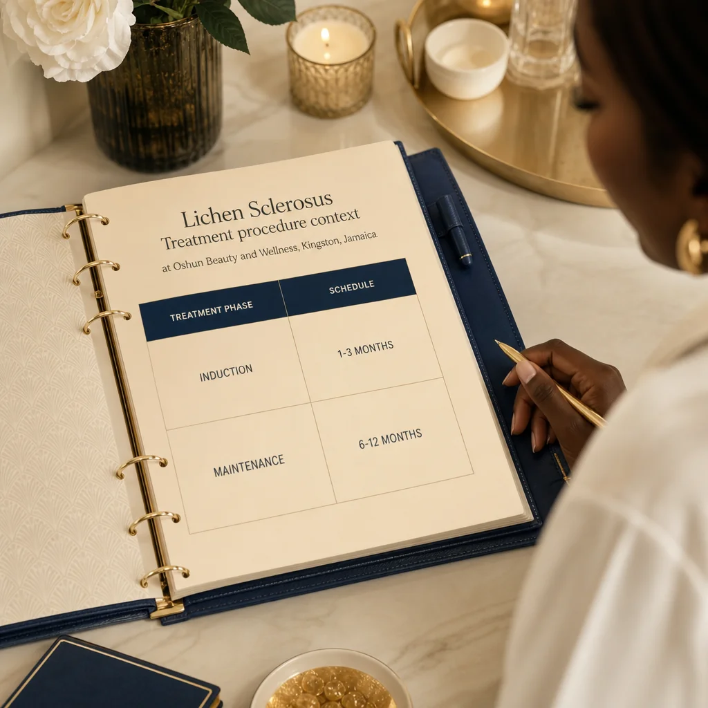 A leather-bound planner tracking the Lichen Sclerosus Treatment recovery and follow-up schedule at Oshun in Kingston, Jamaica