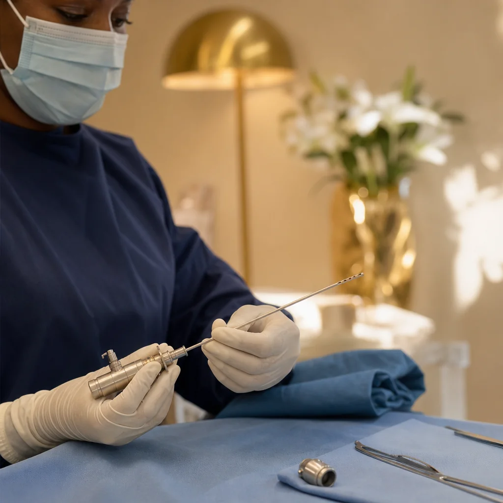 Physician's gloved hands during a Liposuction appointment at the Oshun clinic in Kingston, Jamaica